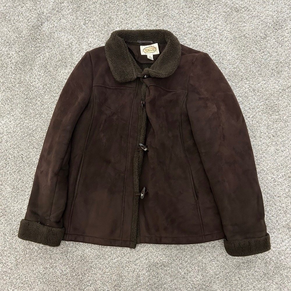 Talbots Faux Suede Shearling Jacket‎ Size Medium Brown Toggle Button Coat